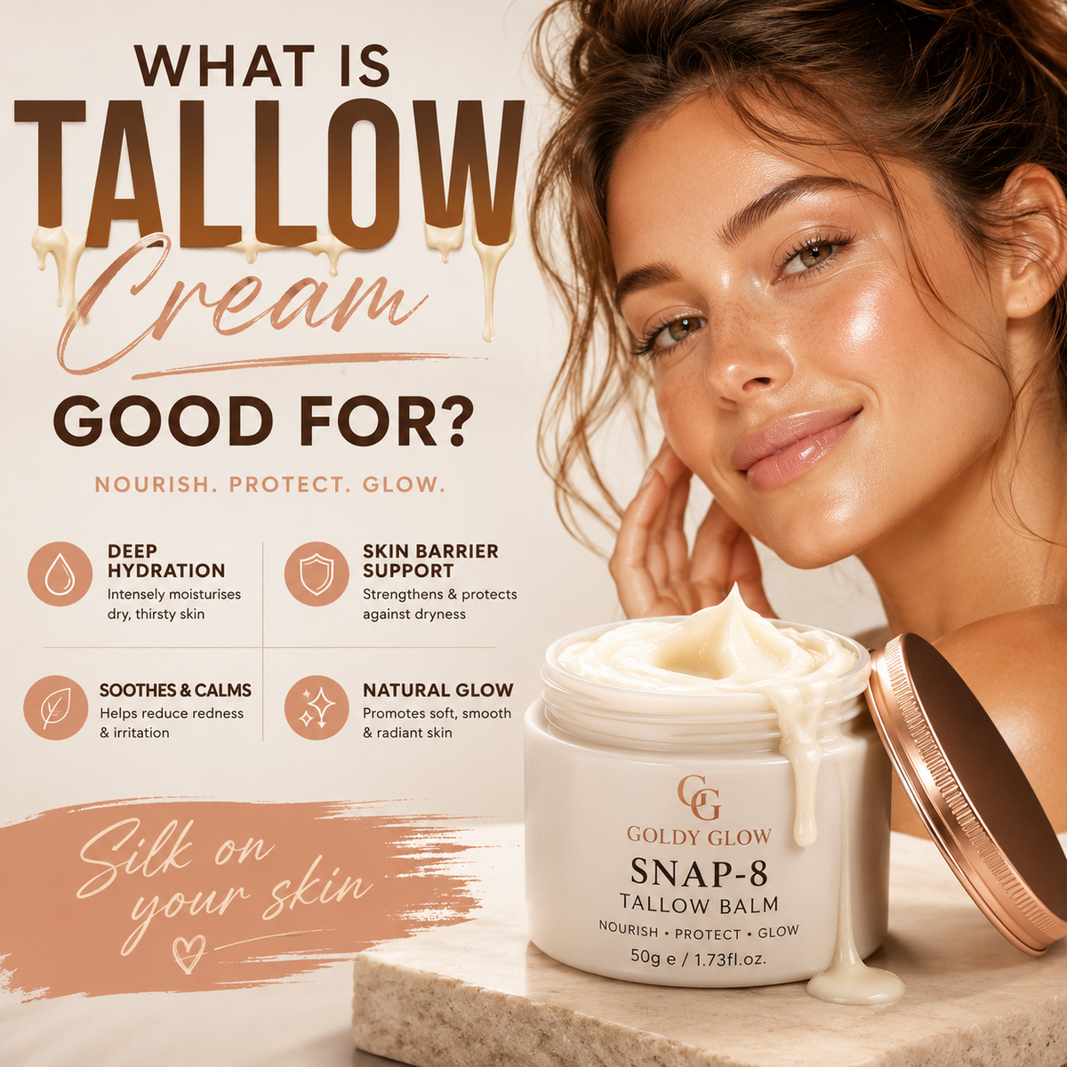 Woman applying tallow cream to her face as part of a daily skincare routine