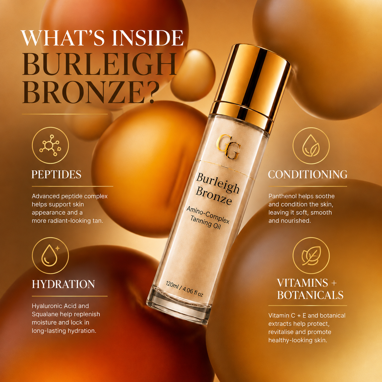 Burleigh Bronze peptide tanning oil ingredient infographic