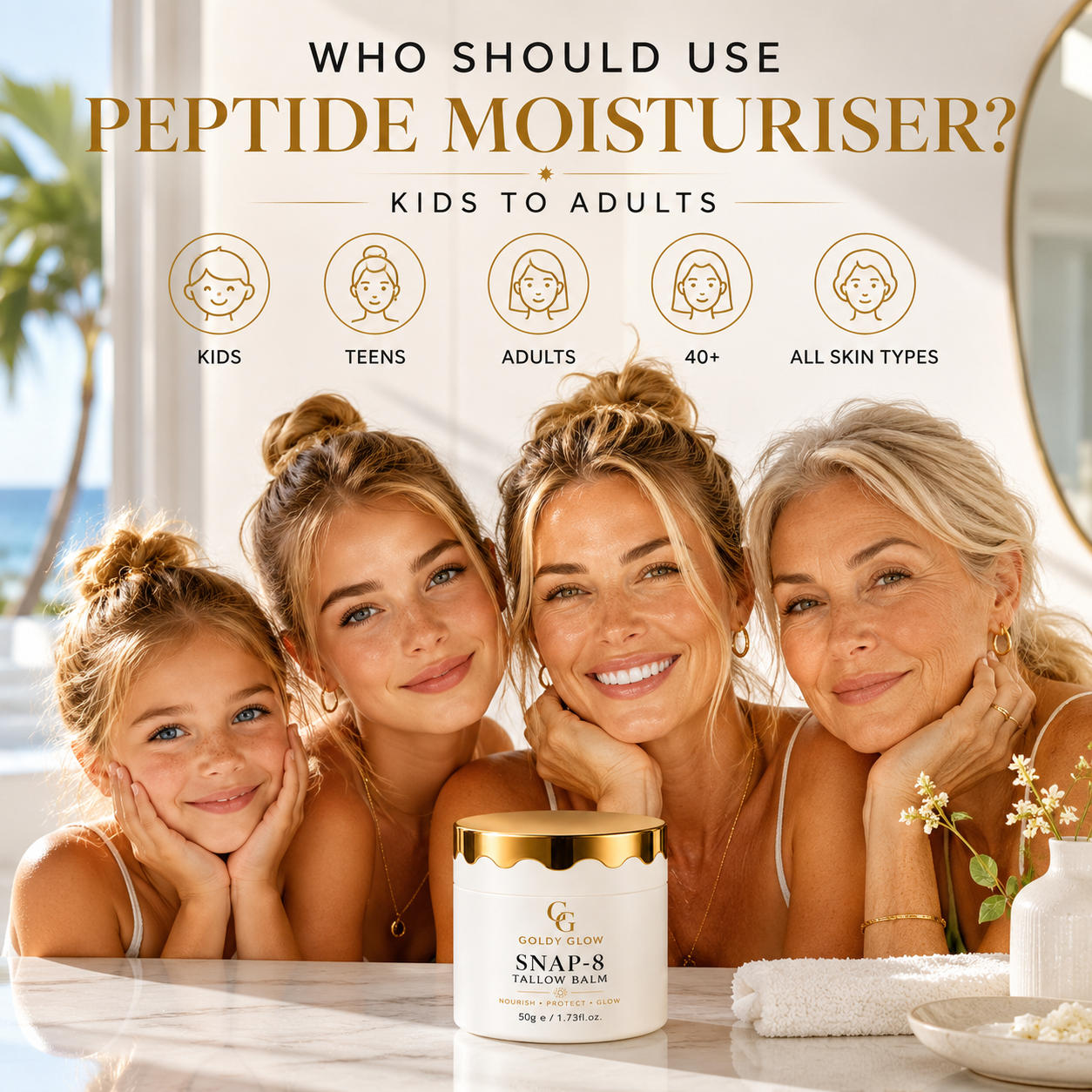 Woman with healthy glowing skin using a peptide moisturiser as part of her daily skincare routine.