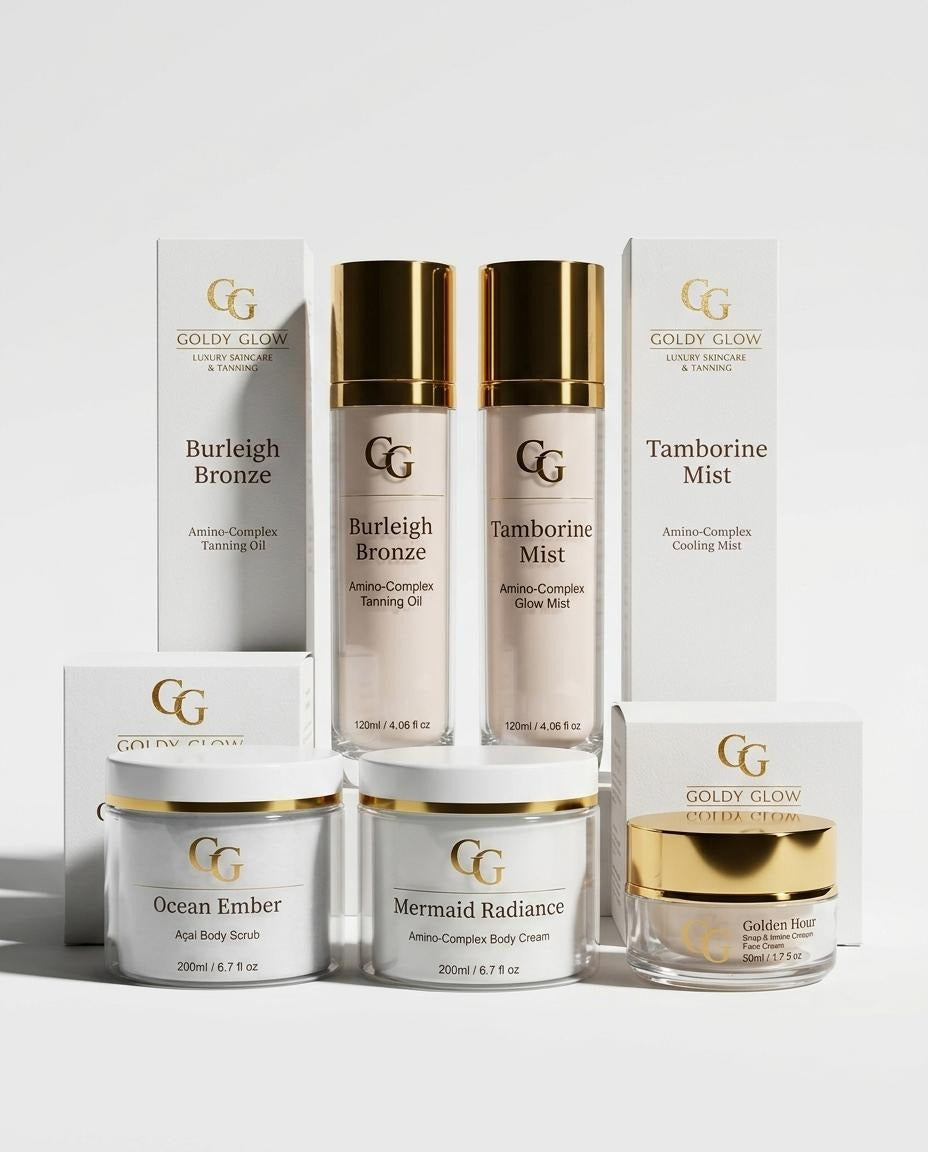 Burleigh Bronze displayed with Goldy Glow skincare products representing modern  tanning meets skincare philosophy.